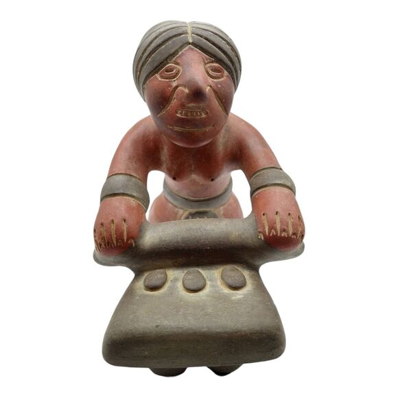 Vintage Mexican Red Clay Mayan Woman Grinding Corn Terra Cotta Folk Art Figurine - Picture 4 of 16